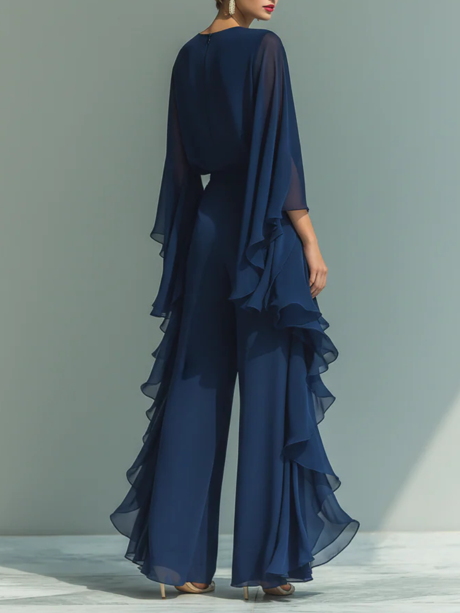 Women's Chiffon Top With Flared Sleeves And Straight-leg Trousers Set With Ruffled Details