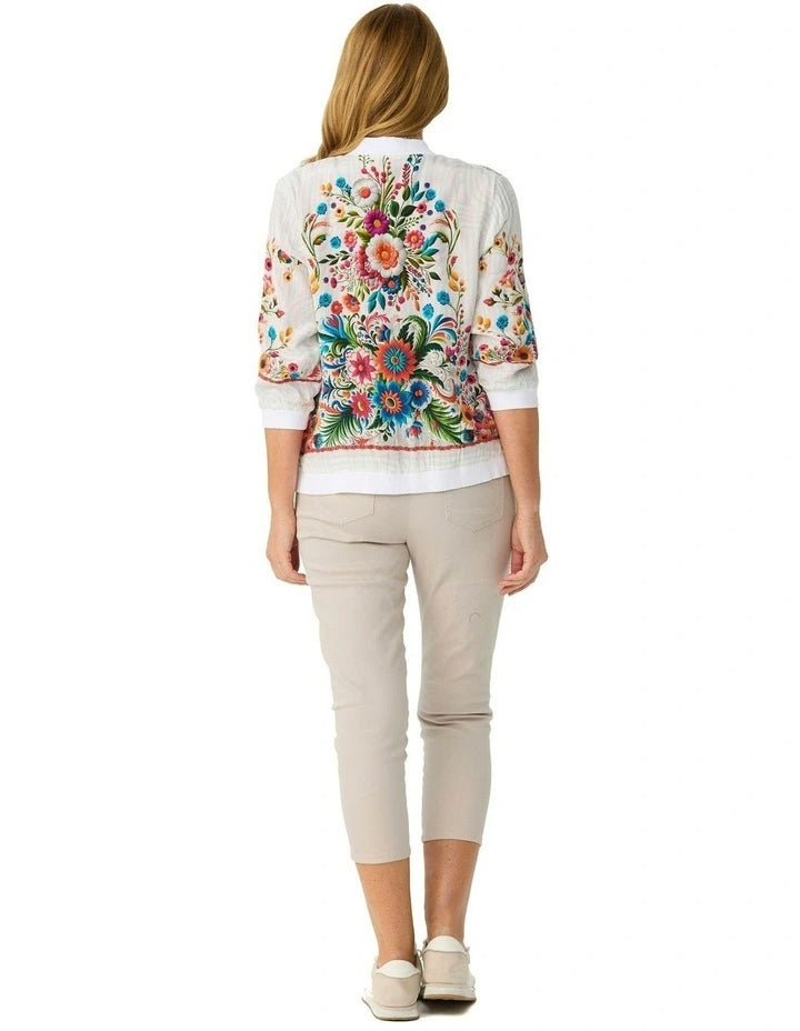 Embroidered Soft Bomber Jacket in White