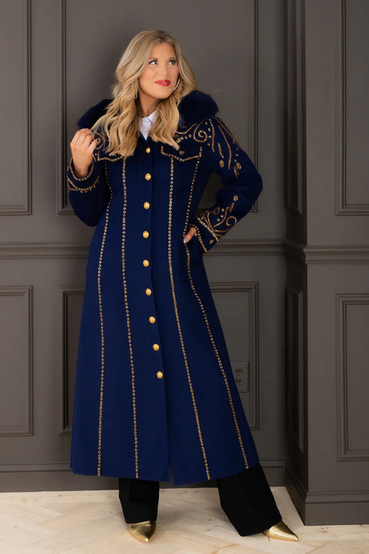 Embroidered Sapphire Maxi Coat
