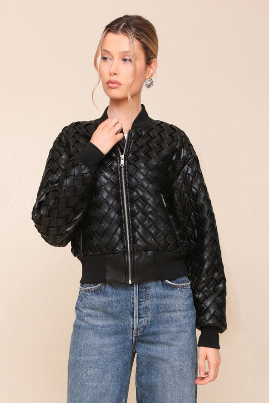 Black Woven Faux Leather Bomber Jacket