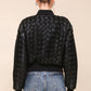 Black Woven Faux Leather Bomber Jacket