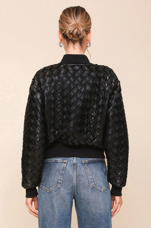Black Woven Faux Leather Bomber Jacket