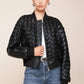 Black Woven Faux Leather Bomber Jacket