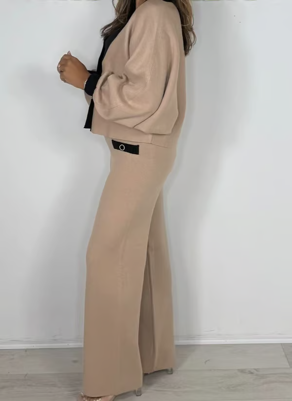 Women's Puff Sleeve V-Neck Top ＆ Pants 2-Piece Set