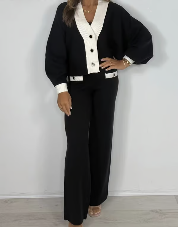 Women's Puff Sleeve V-Neck Top ＆ Pants 2-Piece Set