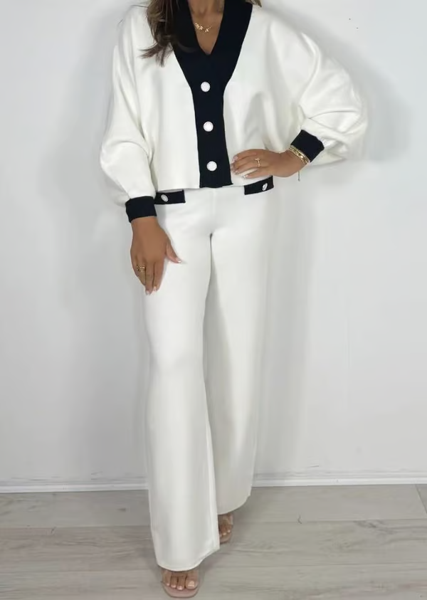 Women's Puff Sleeve V-Neck Top ＆ Pants 2-Piece Set