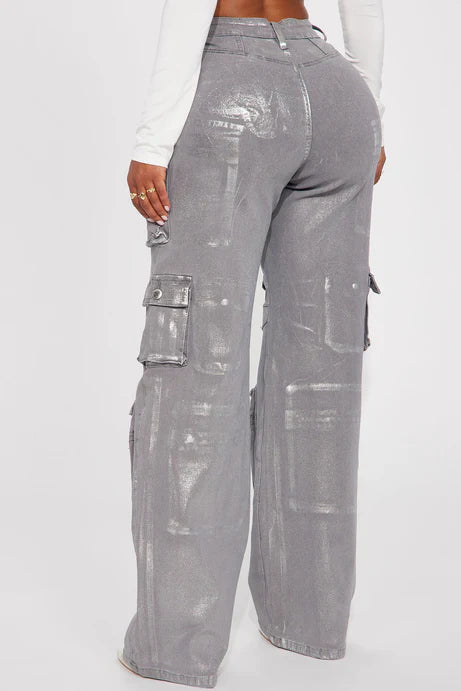 Time To Shine Foil Baggy Cargo Jeans