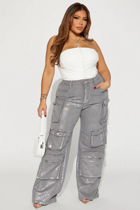 Time To Shine Foil Baggy Cargo Jeans