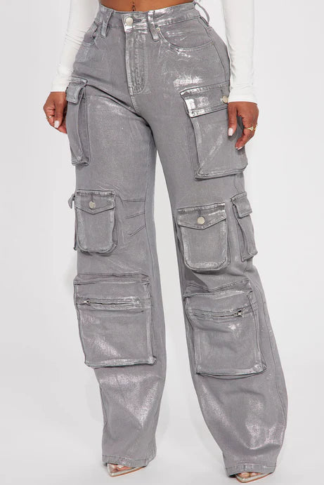 Time To Shine Foil Baggy Cargo Jeans