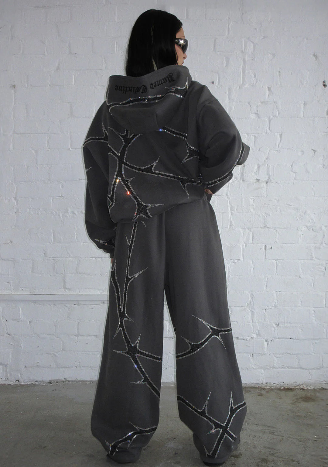 Rhinestone Zipper Hoodie and Pants Set