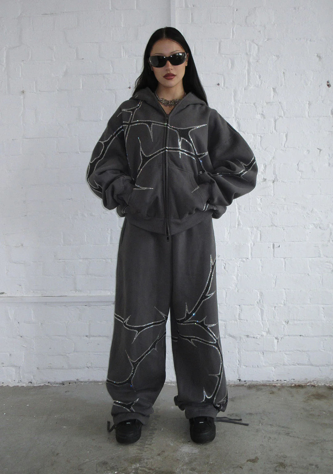 Rhinestone Zipper Hoodie and Pants Set