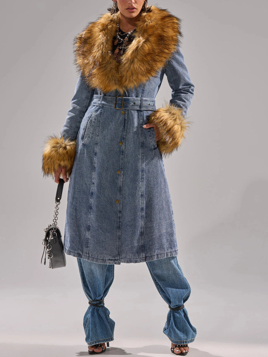 Fur-Trimmed Denim Trench Coat