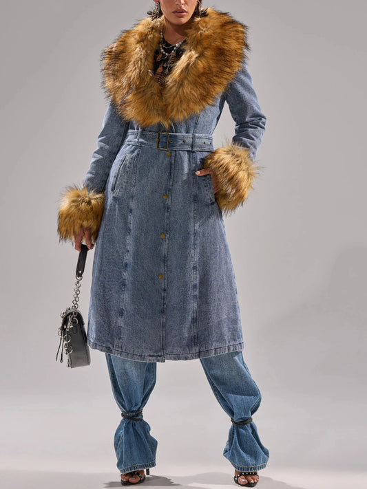 Fur-Trimmed Denim Trench Coat