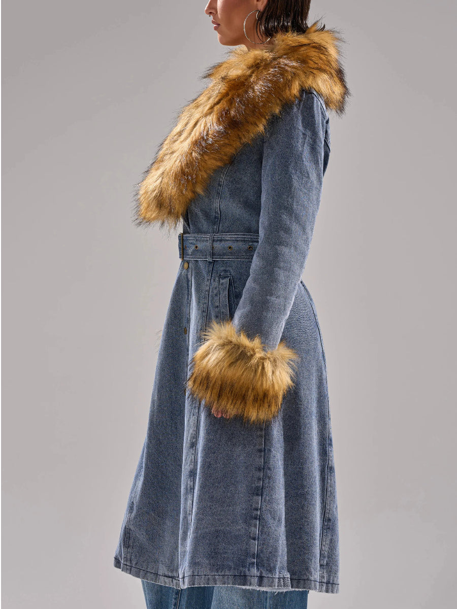 Fur-Trimmed Denim Trench Coat
