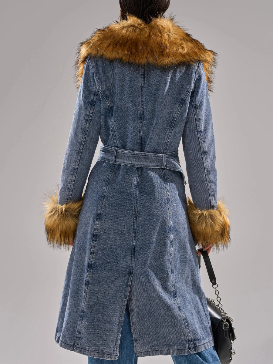 Fur-Trimmed Denim Trench Coat
