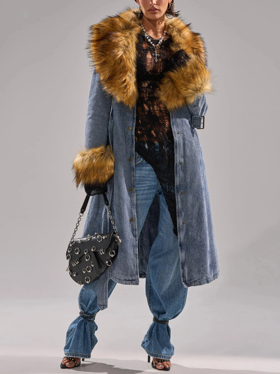 Fur-Trimmed Denim Trench Coat