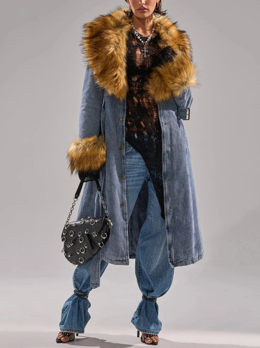 Fur-Trimmed Denim Trench Coat