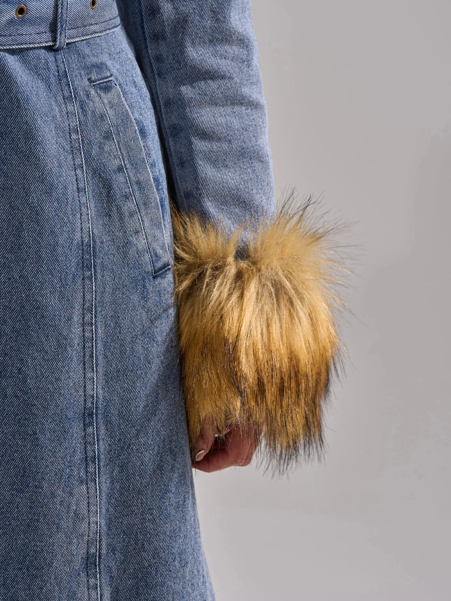 Fur-Trimmed Denim Trench Coat