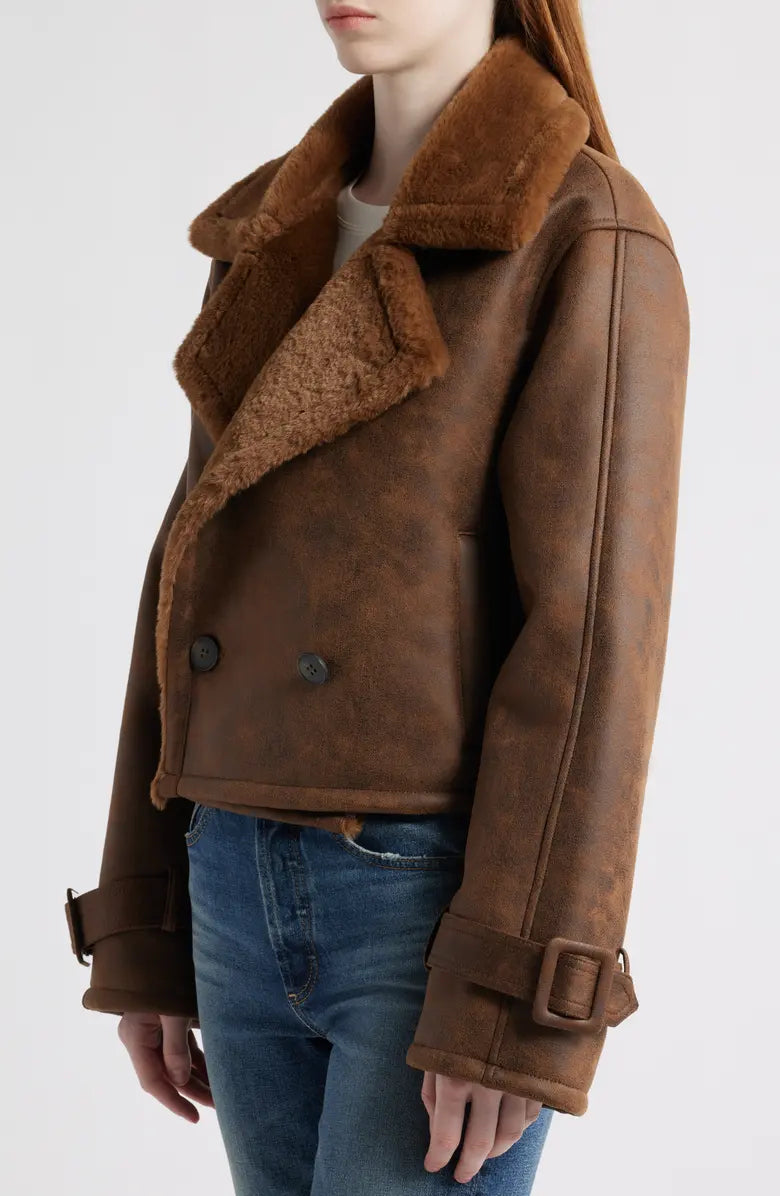 Distressed Faux Shearling Moto Jacket