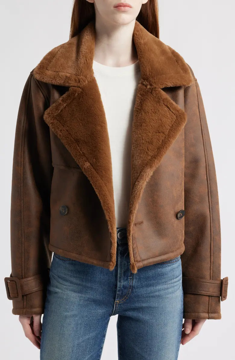 Distressed Faux Shearling Moto Jacket