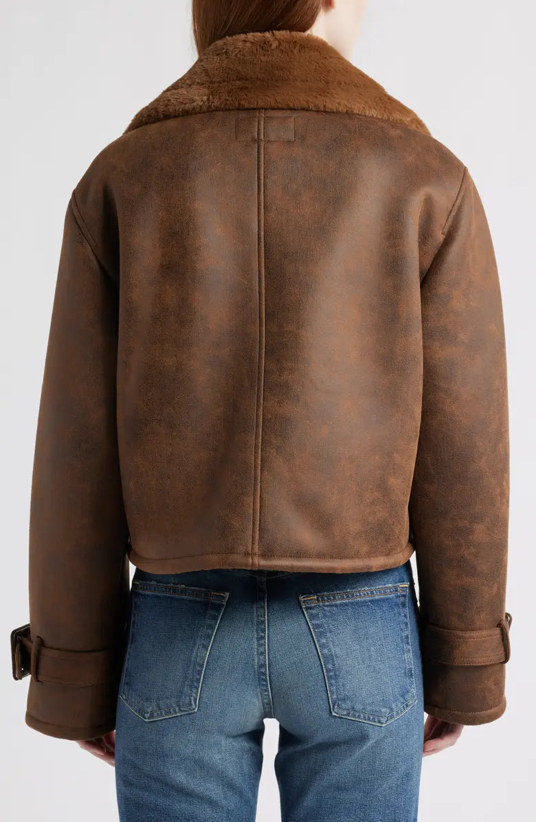 Distressed Faux Shearling Moto Jacket