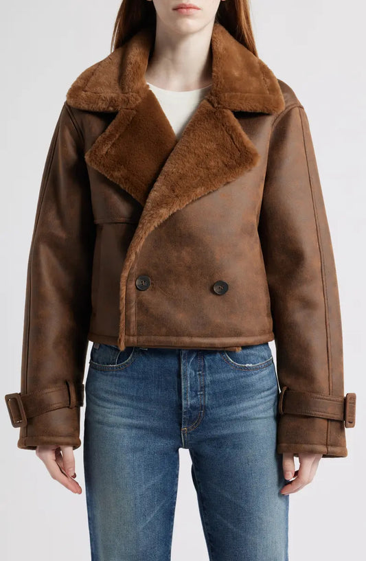 Distressed Faux Shearling Moto Jacket