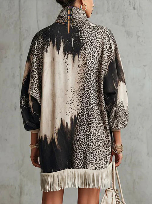 Gray Leopard Print Turtleneck Fringe Hem Faux Suede Dress