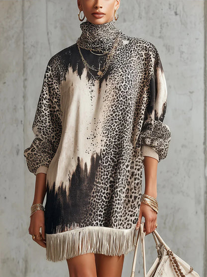 Gray Leopard Print Turtleneck Fringe Hem Faux Suede Dress