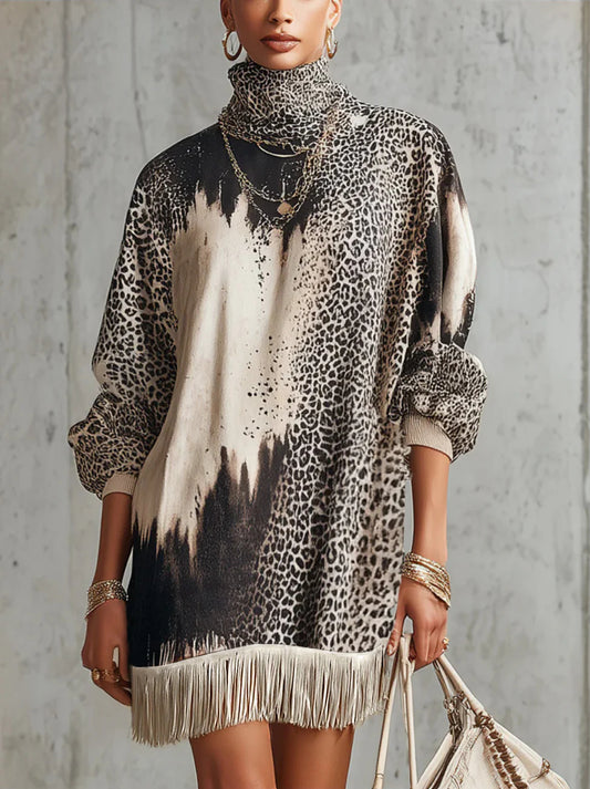 Gray Leopard Print Turtleneck Fringe Hem Faux Suede Dress