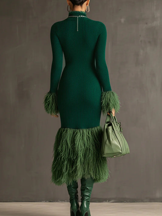 Emerald Knit Patchwork Eco Faux Fur Long Sleeve Dress