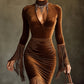 Brown Velvet Turtleneck Cutout Fringe Long Sleeve Dress