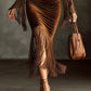 Brown Velvet Turtleneck Cutout Fringe Long Sleeve Dress