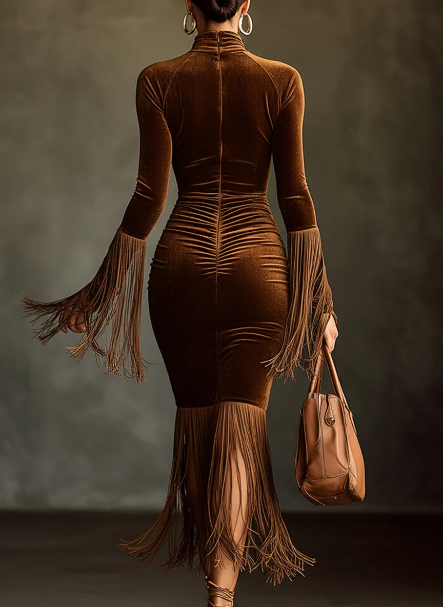 Brown Velvet Turtleneck Cutout Fringe Long Sleeve Dress
