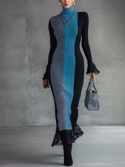 Colorblock Lace Trim Knit Maxi Bodycon Dress