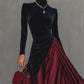 Velvet And Burgundy Satin Color Block Long Dress