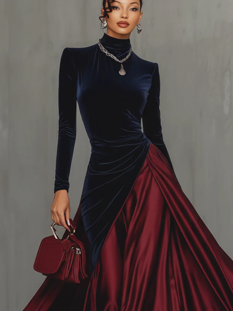 Velvet And Burgundy Satin Color Block Long Dress