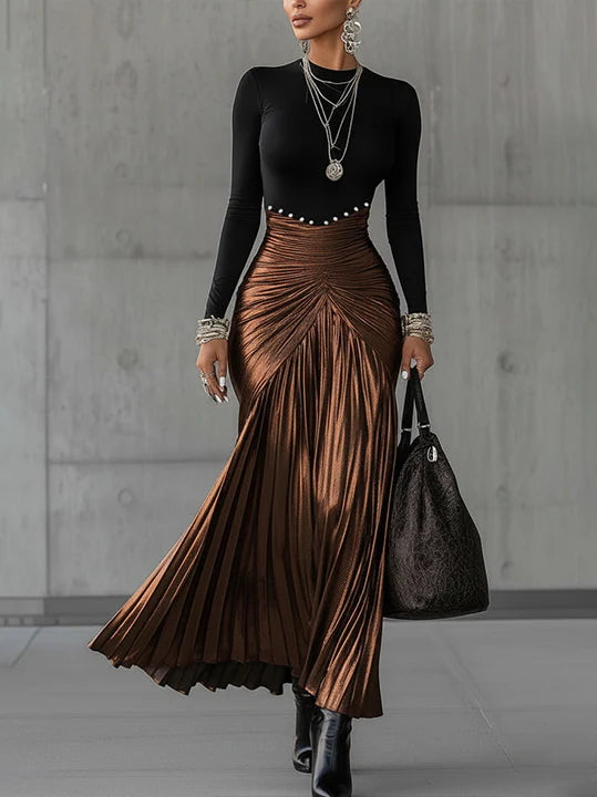 Round Neck Metallic Satin Pleated Maxi Dress