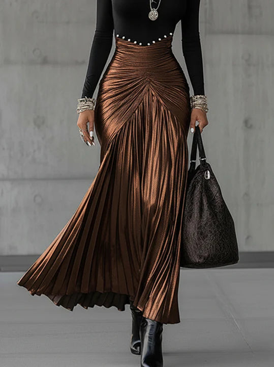Round Neck Metallic Satin Pleated Maxi Dress