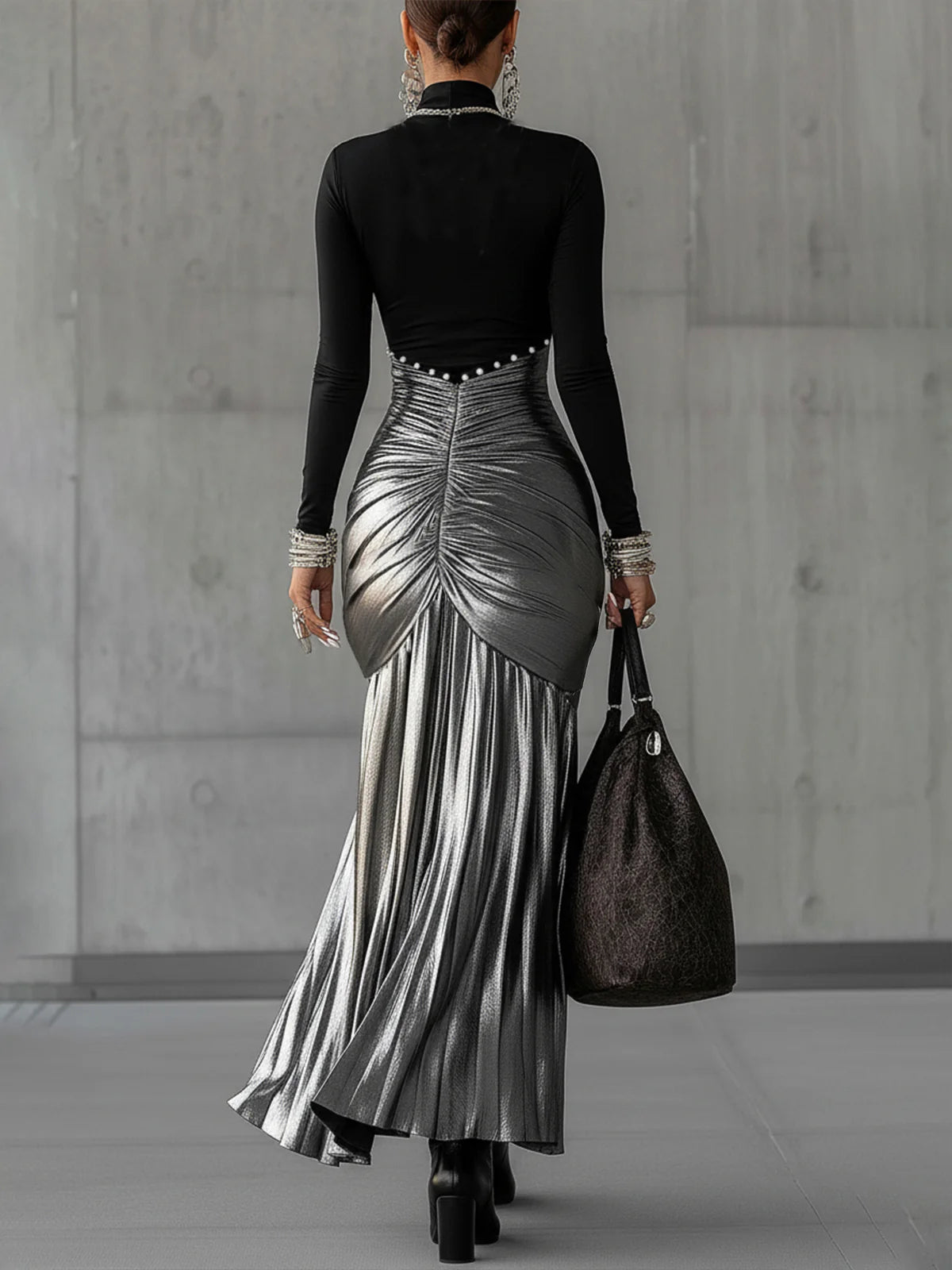 Round Neck Metallic Satin Pleated Maxi Dress