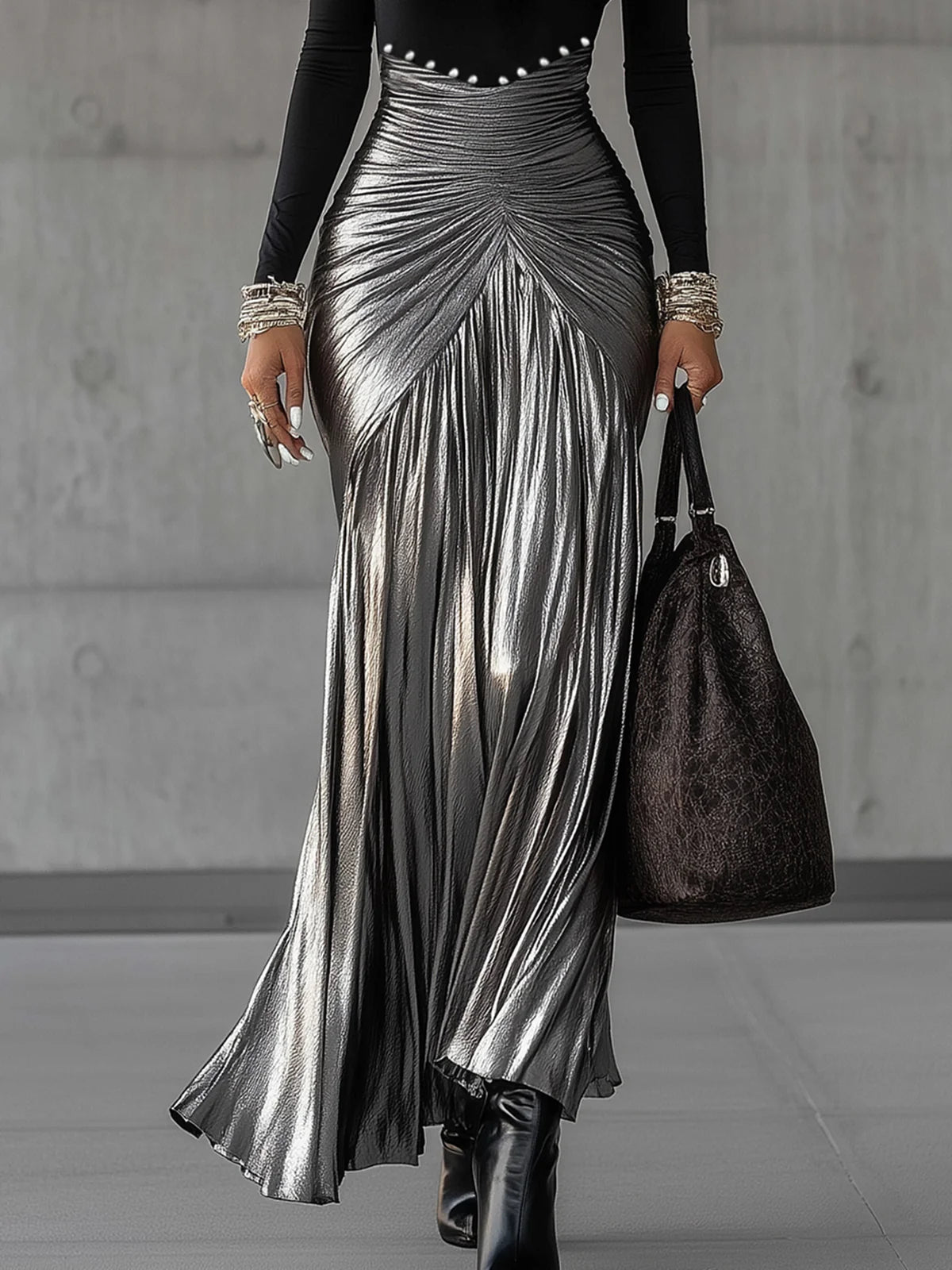 Round Neck Metallic Satin Pleated Maxi Dress