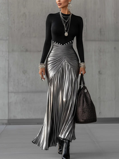 Round Neck Metallic Satin Pleated Maxi Dress