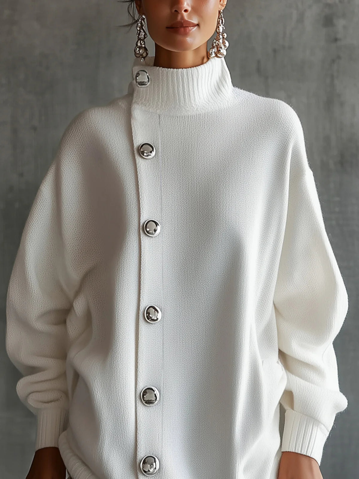 White Buttoned Turtleneck Sweater Dress