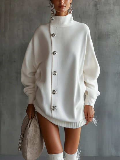 White Buttoned Turtleneck Sweater Dress