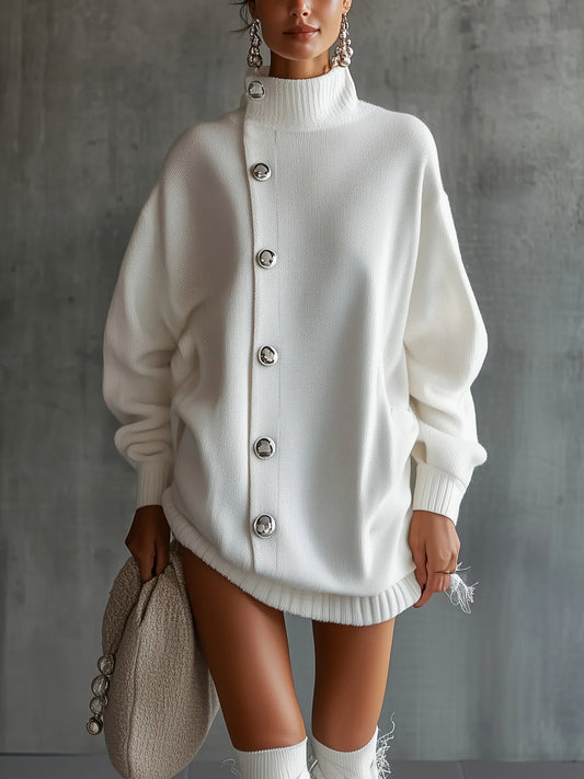 White Buttoned Turtleneck Sweater Dress