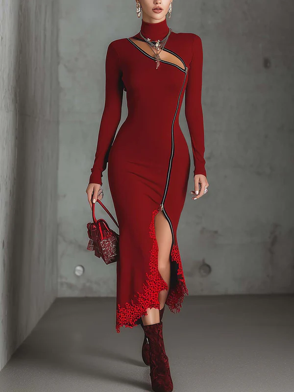 Lace Patchwork Zipper Dress With Side Slit