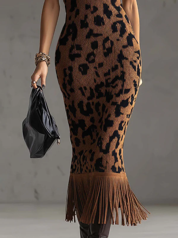 Leopard Print Patchwork Fringe Knit Midi Dress
