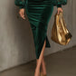 Emerald Velvet Maxi Dress With Organza Embroidered Sleeves