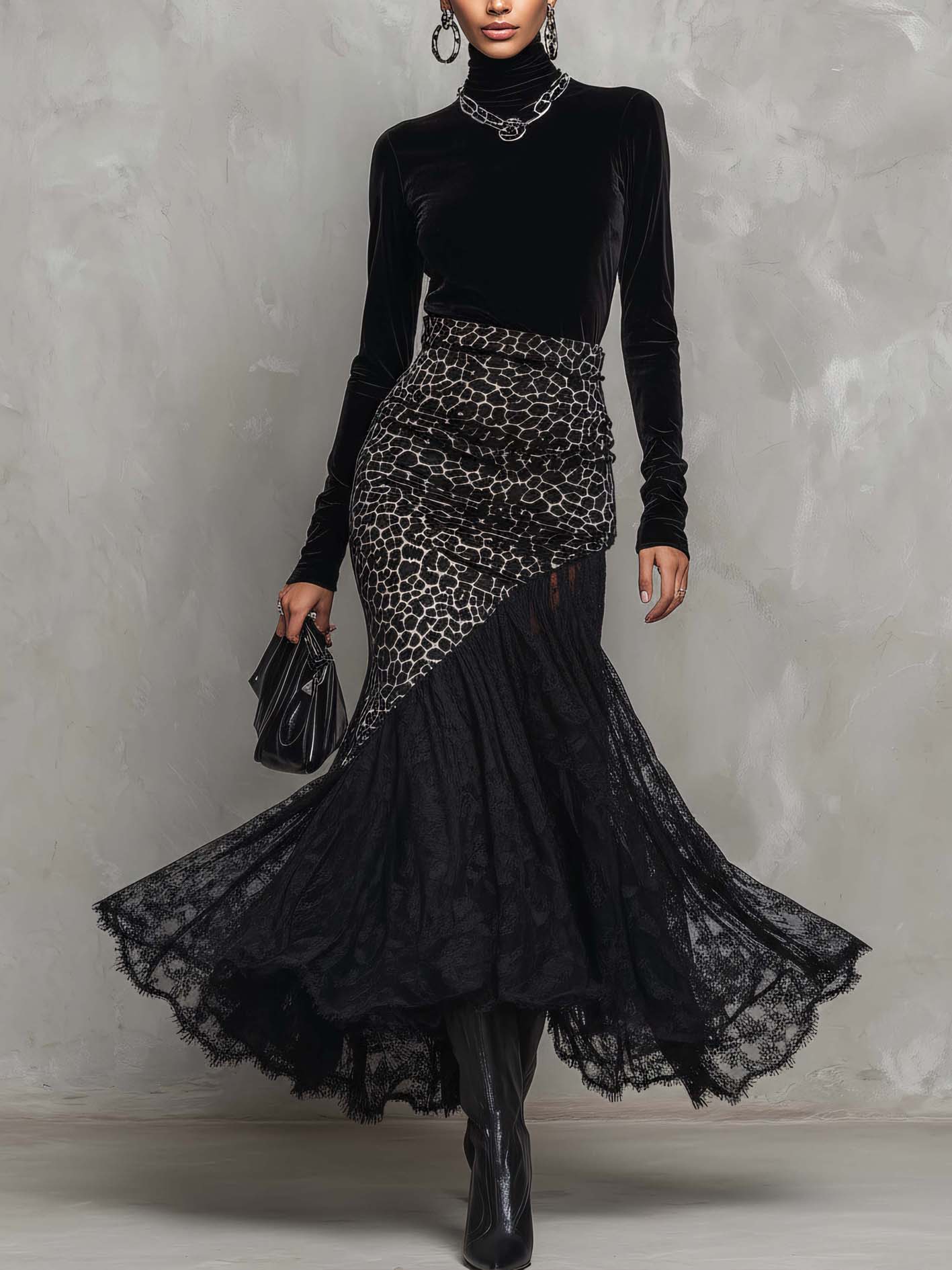 Black Velvet Leopard Patchwork Lace Dress
