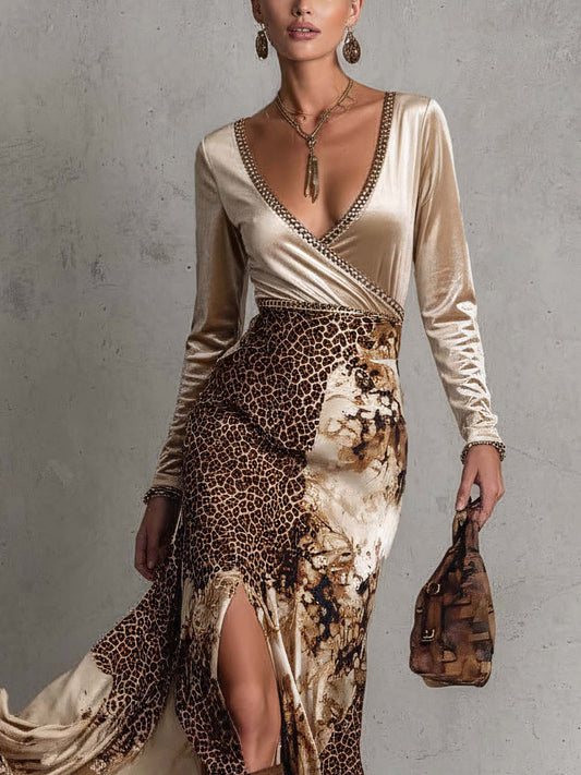 Velvet Satin Patchwork Leopard Print Dress