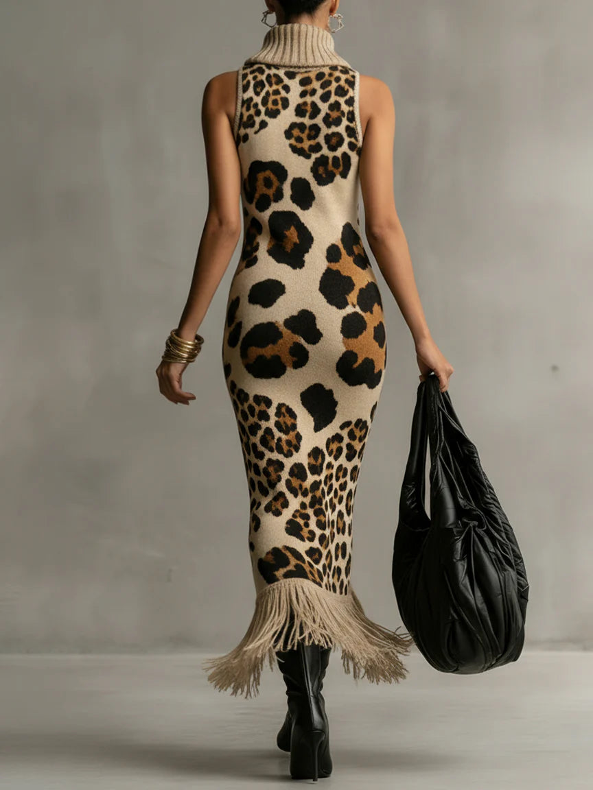 Irregular Leopard Print Knitted Tassel Sleeveless Maxi Dress